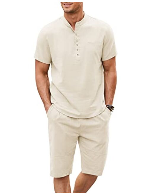 COOFANDY Men's 2 Piece Linen Set Short Sleeve Henley Shirts and Shorts Summer Beach Yoga Pants Set