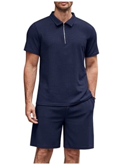 Men's Polo Shirt and Shorts Sets 2 Piece Casual Outfits Quarter Zip Short Sleeve Summer Tracksuit