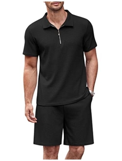 Men's Polo Shirt and Shorts Sets 2 Piece Casual Outfits Quarter Zip Short Sleeve Summer Tracksuit