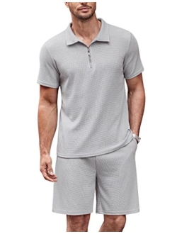 Men's Polo Shirt and Shorts Sets 2 Piece Casual Outfits Quarter Zip Short Sleeve Summer Tracksuit