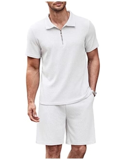 Men's Polo Shirt and Shorts Sets 2 Piece Casual Outfits Quarter Zip Short Sleeve Summer Tracksuit