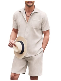 Men 2 Piece Waffle Set Casual Short Sleeve Shirt and Short Summer Beach Set