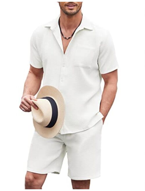 COOFANDY Men 2 Piece Waffle Set Casual Short Sleeve Shirt and Short Summer Beach Set