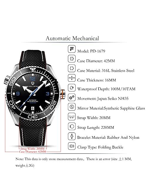 Pagrne Design Men's Wrist Watch Pagani Design Automatic Mechanical Stainless Steel Sports Diving Watch NH35 Movement, Sapphire Glass,Nylon Rubber Strap, Brand Elegant Wat