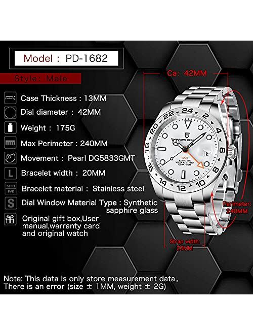 Pagrne Design Pagani Design GMT Men's Business Diving Watches Automatic Wrist Scratch Resistant Synthetic Sapphire Glass Date Display Waterproof Stainless Steel Bracelet