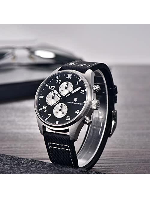 Pagrne Design Pagani Design Watch for Men Chronograph Pilot Watch Quartz VK67 Movement Nylon Leather Strap Anti-Glare Sapphire Crystal Glass Stainless Steel Waterproof Su