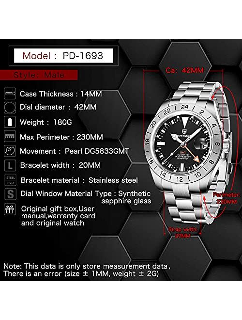 Pagrne Design Pagani Design Men's GMT Automatic Watch Stainless Steel Strap Waterproof 200M