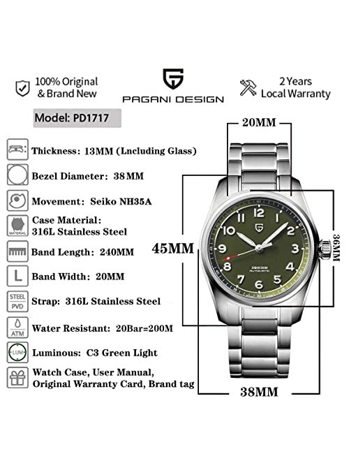 Pagrne Design Pagani Design Men's Watch Japanese Automatic Movement Stainless Steel Strap Waterproof with Luminous Function