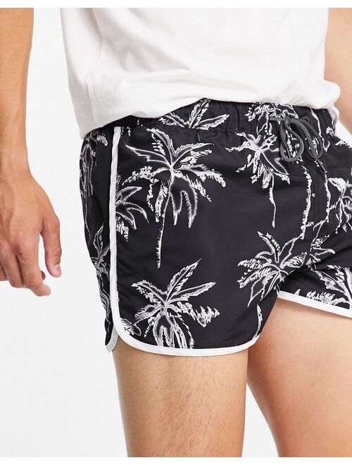 Jack & Jones Intelligence racer swim shorts in black palm print