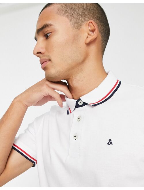 Jack & Jones Essentials slim fit tipped pique logo polo in white