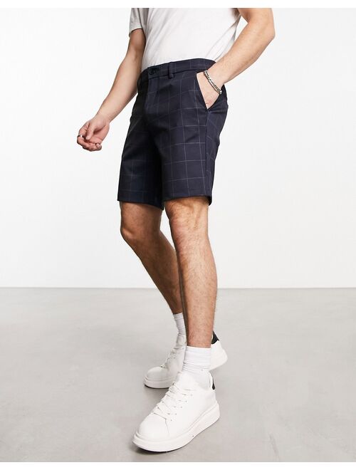 Jack & Jones Intelligence slim fit smart jersey shorts in navy plaid