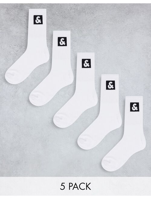 Jack & Jones 5 pack tennis socks with & print in white