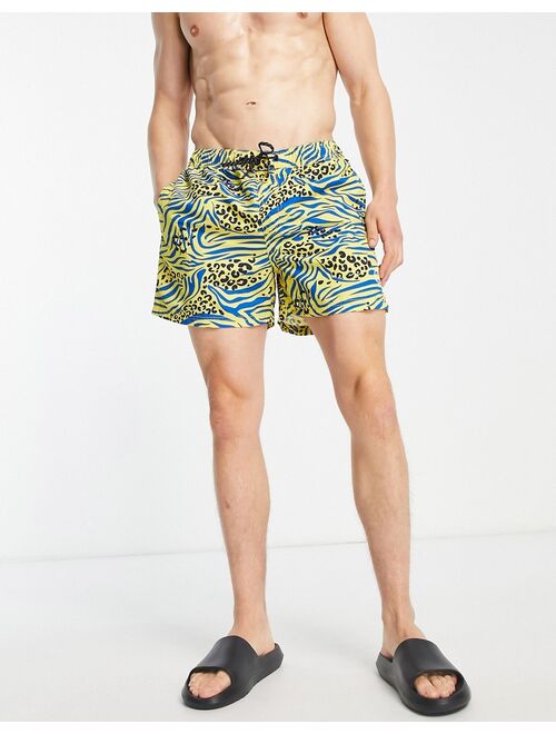 Jack & Jones Intelligence swim short in animal print in yellow