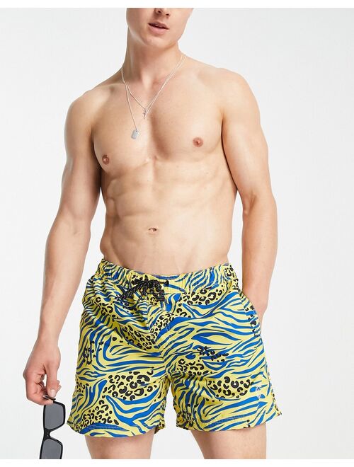 Jack & Jones Intelligence swim short in animal print in yellow