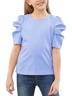 GORLYA Girl's Puff Sleeve Casual Solid T-Shirt Pullover Keyhole Back Blouse Tops for 4-14 Years