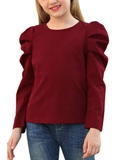 GORLYA Girl's Puff Sleeve Casual Solid T-Shirt Pullover Keyhole Back Blouse Tops for 4-14 Years