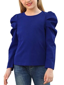 GORLYA Girl's Puff Sleeve Casual Solid T-Shirt Pullover Keyhole Back Blouse Tops for 4-14 Years