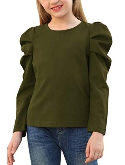 GORLYA Girl's Puff Sleeve Casual Solid T-Shirt Pullover Keyhole Back Blouse Tops for 4-14 Years