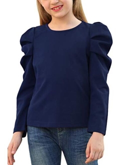 GORLYA Girl's Puff Sleeve Casual Solid T-Shirt Pullover Keyhole Back Blouse Tops for 4-14 Years