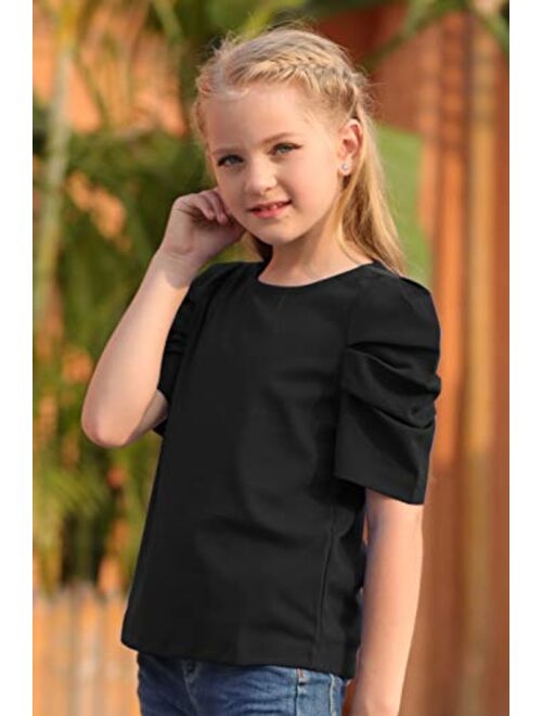 GORLYA Girl's Puff Sleeve Casual Solid T-Shirt Pullover Keyhole Back Blouse Tops for 4-14 Years