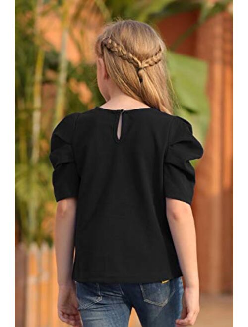 GORLYA Girl's Puff Sleeve Casual Solid T-Shirt Pullover Keyhole Back Blouse Tops for 4-14 Years