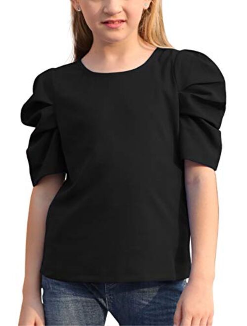 GORLYA Girl's Puff Sleeve Casual Solid T-Shirt Pullover Keyhole Back Blouse Tops for 4-14 Years