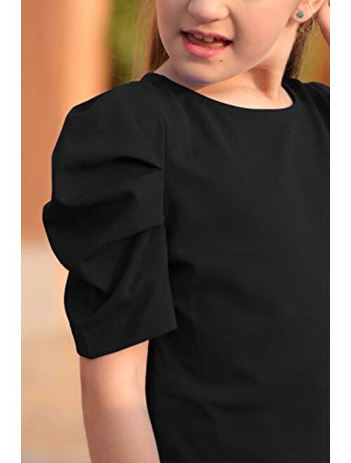 GORLYA Girl's Puff Sleeve Casual Solid T-Shirt Pullover Keyhole Back Blouse Tops for 4-14 Years