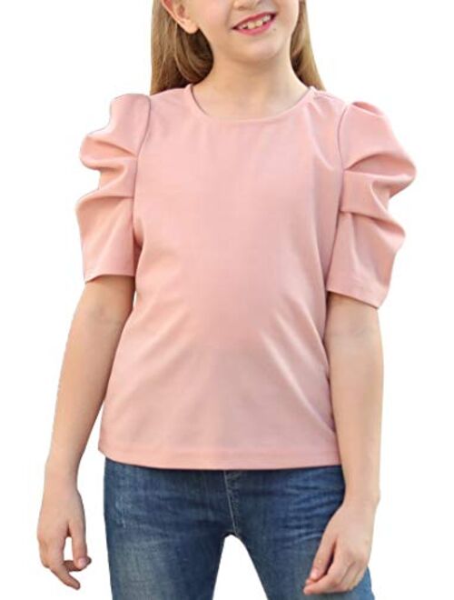 GORLYA Girl's Puff Sleeve Casual Solid T-Shirt Pullover Keyhole Back Blouse Tops for 4-14 Years