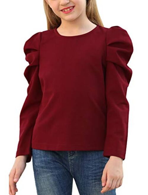 GORLYA Girl's Puff Sleeve Casual Solid T-Shirt Pullover Keyhole Back Blouse Tops for 4-14 Years