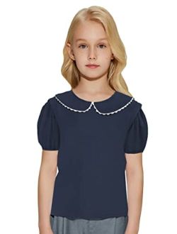 Danna Belle Peter Pan Collar Shirt Girls Short Sleeve Blouse Solid Color Tee Top Shirt for Girl Size 5-12