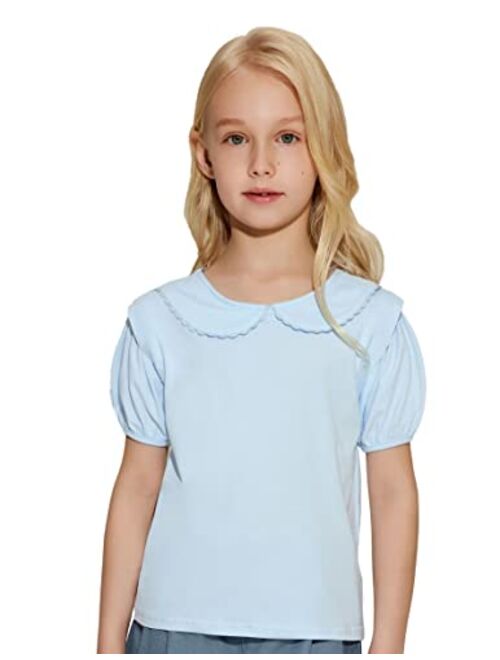 Danna Belle Peter Pan Collar Shirt Girls Short Sleeve Blouse Solid Color Tee Top Shirt for Girl Size 5-12