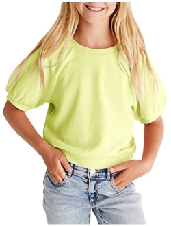 simtuor Kids Girls Cute T-Shirt Short Puff Sleeve Basic Solid Casual Loose Pullover Ribbed Cuffs Hem Tees