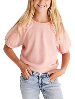 simtuor Kids Girls Cute T-Shirt Short Puff Sleeve Basic Solid Casual Loose Pullover Ribbed Cuffs Hem Tees