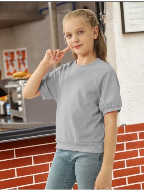 simtuor Kids Girls Cute T-Shirt Short Puff Sleeve Basic Solid Casual Loose Pullover Ribbed Cuffs Hem Tees