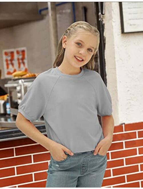 simtuor Kids Girls Cute T-Shirt Short Puff Sleeve Basic Solid Casual Loose Pullover Ribbed Cuffs Hem Tees