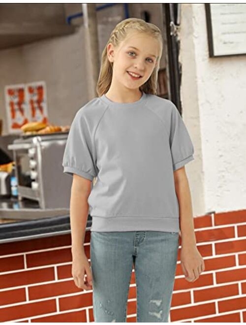 simtuor Kids Girls Cute T-Shirt Short Puff Sleeve Basic Solid Casual Loose Pullover Ribbed Cuffs Hem Tees