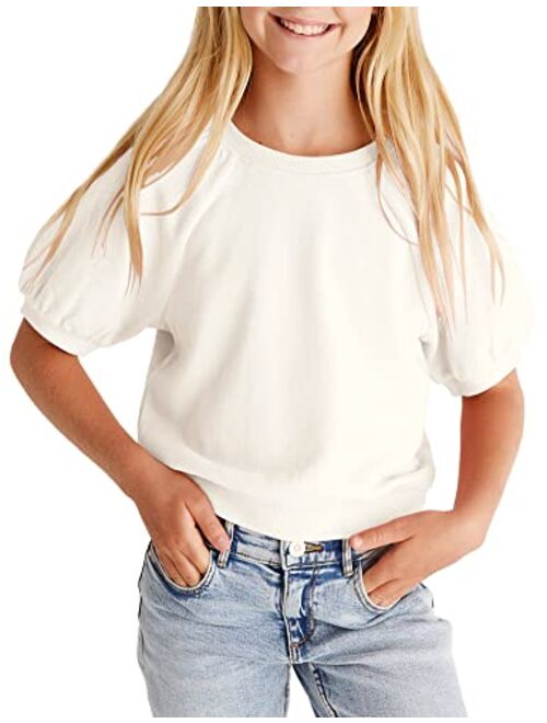 simtuor Kids Girls Cute T-Shirt Short Puff Sleeve Basic Solid Casual Loose Pullover Ribbed Cuffs Hem Tees