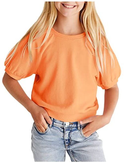 simtuor Kids Girls Cute T-Shirt Short Puff Sleeve Basic Solid Casual Loose Pullover Ribbed Cuffs Hem Tees