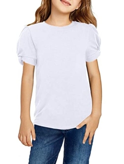 Hopeac Girls Shirts Summer Cute Classic Fit Twist Short Sleeve Plain Cotton Crew Neck T-Shirt Tee Tops Blouse