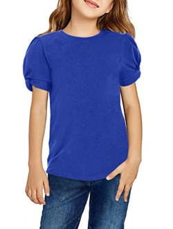 Hopeac Girls Shirts Summer Cute Classic Fit Twist Short Sleeve Plain Cotton Crew Neck T-Shirt Tee Tops Blouse