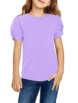 Hopeac Girls Shirts Summer Cute Classic Fit Twist Short Sleeve Plain Cotton Crew Neck T-Shirt Tee Tops Blouse