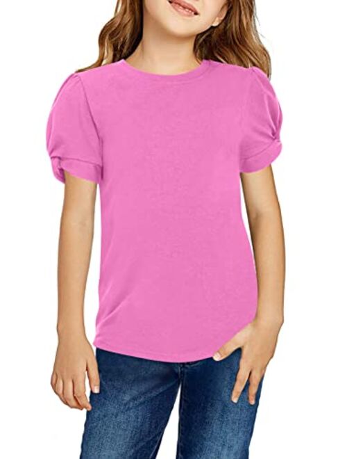 Hopeac Girls Shirts Summer Cute Classic Fit Twist Short Sleeve Plain Cotton Crew Neck T-Shirt Tee Tops Blouse