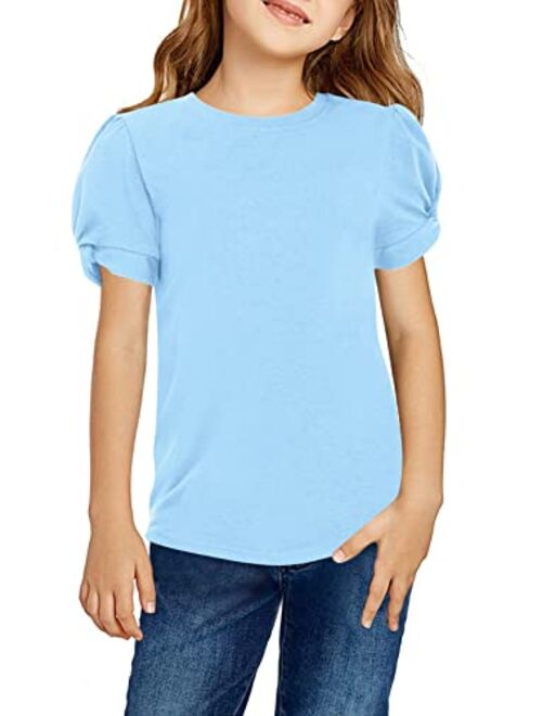 Hopeac Girls Shirts Summer Cute Classic Fit Twist Short Sleeve Plain Cotton Crew Neck T-Shirt Tee Tops Blouse