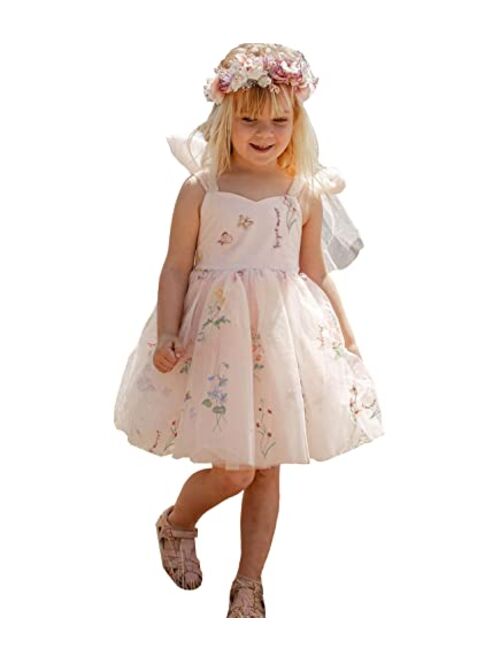 JISISANG Flower Girl Dresses for Wedding Short Floral Embroidered Tulle Pageant Princess Dress for Girls