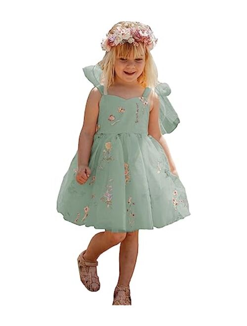 JISISANG Flower Girl Dresses for Wedding Short Floral Embroidered Tulle Pageant Princess Dress for Girls