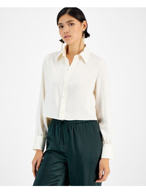 BAR III Women's Cropped Button-Front Long-Sleeve Blouse, Created for Macy's