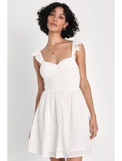 Sweetly Sincere White Ruffled Eyelet Embroidered Mini Dress