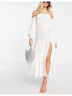 off shoulder shirred waist maxi beach dress in ivory