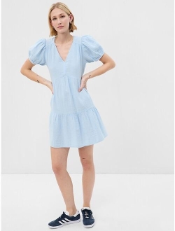 Crinkle Gauze Puff Sleeve Tiered Mini Dress