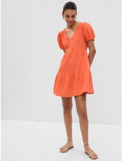 Crinkle Gauze Puff Sleeve Tiered Mini Dress